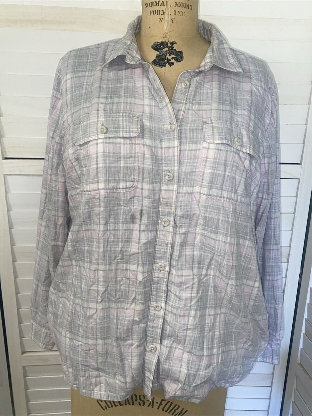 LL Bean Shirt Jacket Women’s Pink Gray Plaid Cotton Lined Shacket Outdoor Large